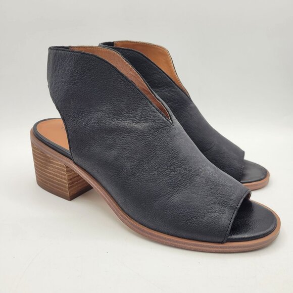 Lucky Brand Terif Womens Sz 8.5 Leather Shootie Bootie Black Block Heel Peep Toe - Picture 1 of 13